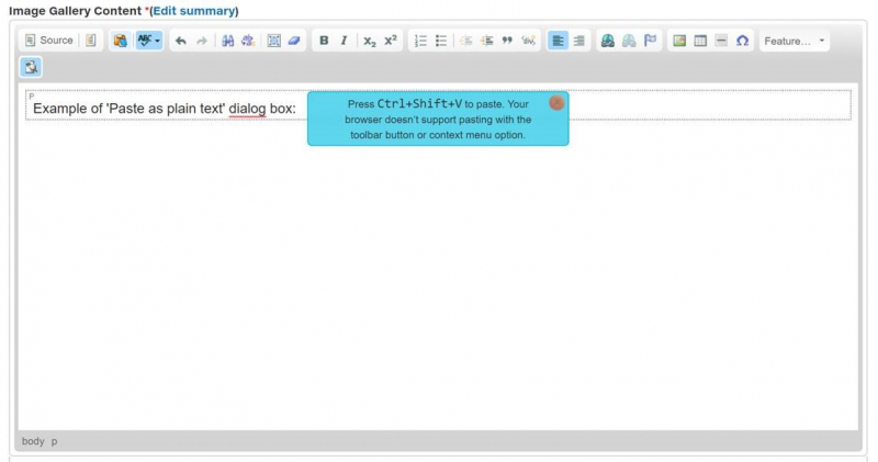 Drupal WYSIWYG editor screenshot - paste as plain text