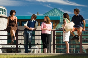 Image of students in front of the UNBC campus.