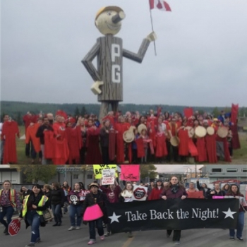 collage picture of take back the night march and red dress campaign