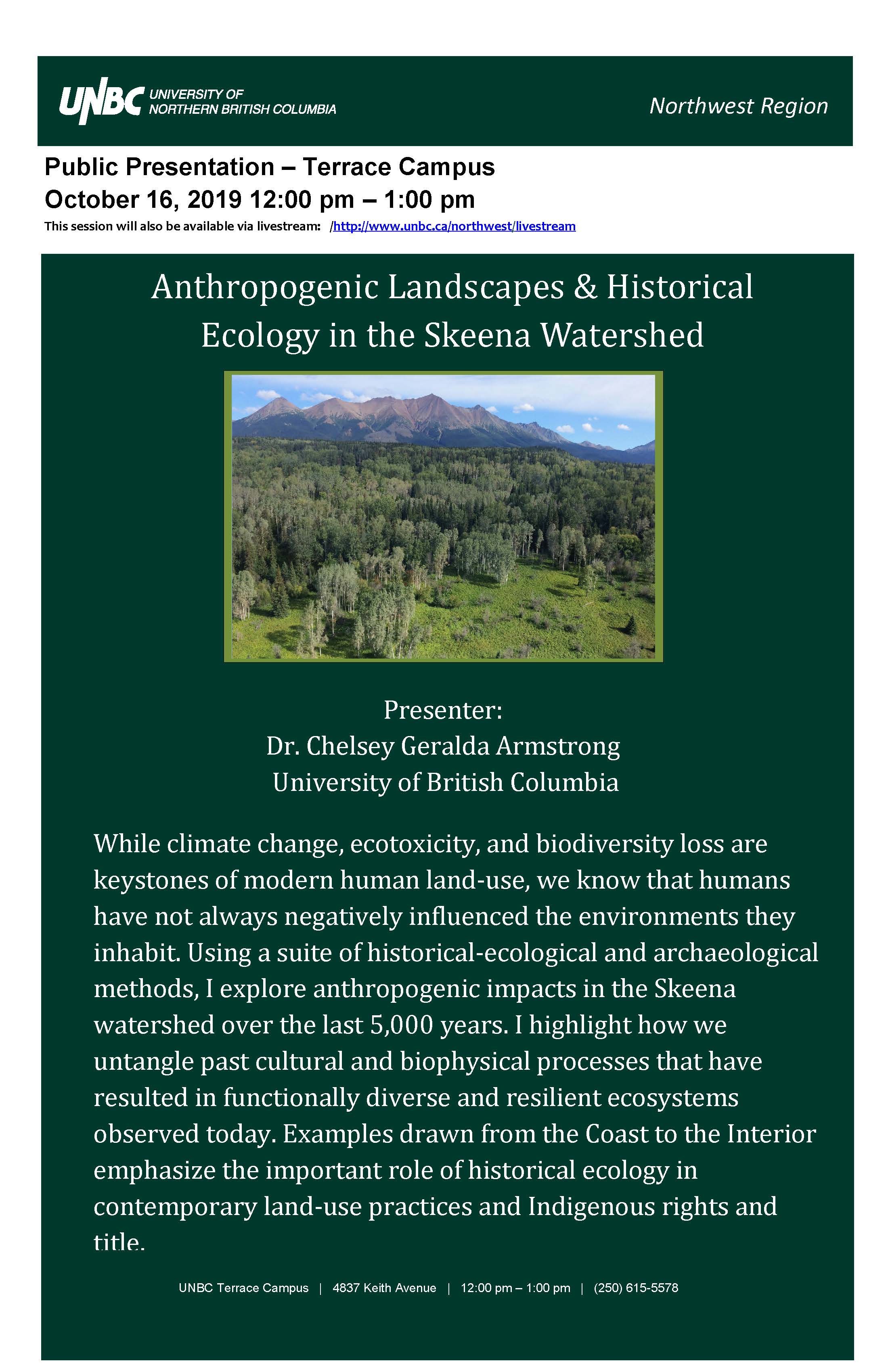 Public Presentation: Dr. Chelsey Geralda Armstrong - "Anthropogenic Landscapes & Historical Ecology in the Skeena Watershed"