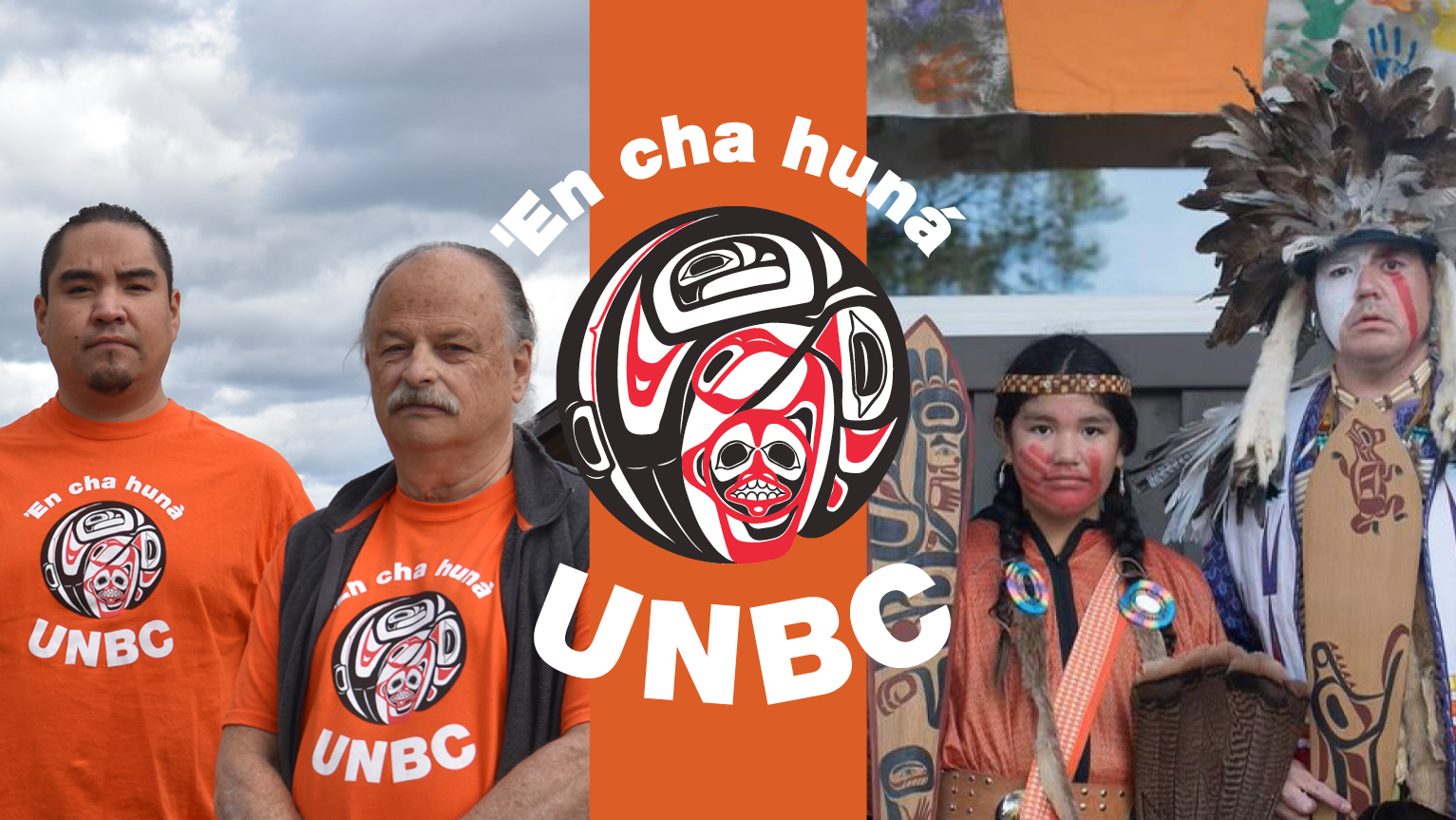Graphic with Brandon Prince and Dr. Henry Harder at UNBC and Kelsey Abraham and his daughter in regalia off campus. 