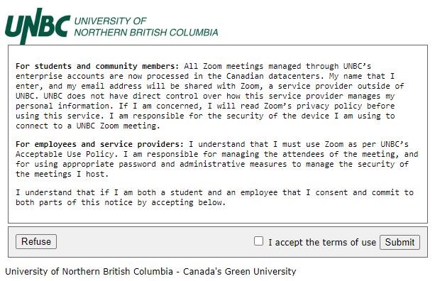 Zoom Terms of Usage at UNBC