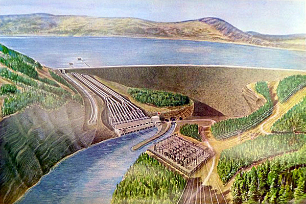 Artist Conception “Portage Mountain Dam,” Peace River Hydro-Electric Project, Vol.1 Report, BC and BB Power Consultants Ltd., 1959