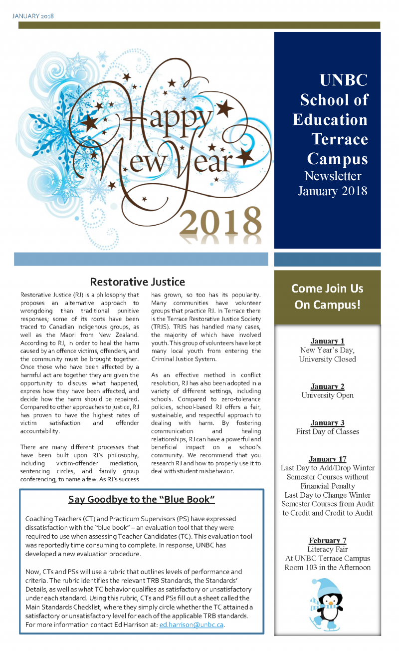 School of Education January 2018 Newsletter - Page 1/2 