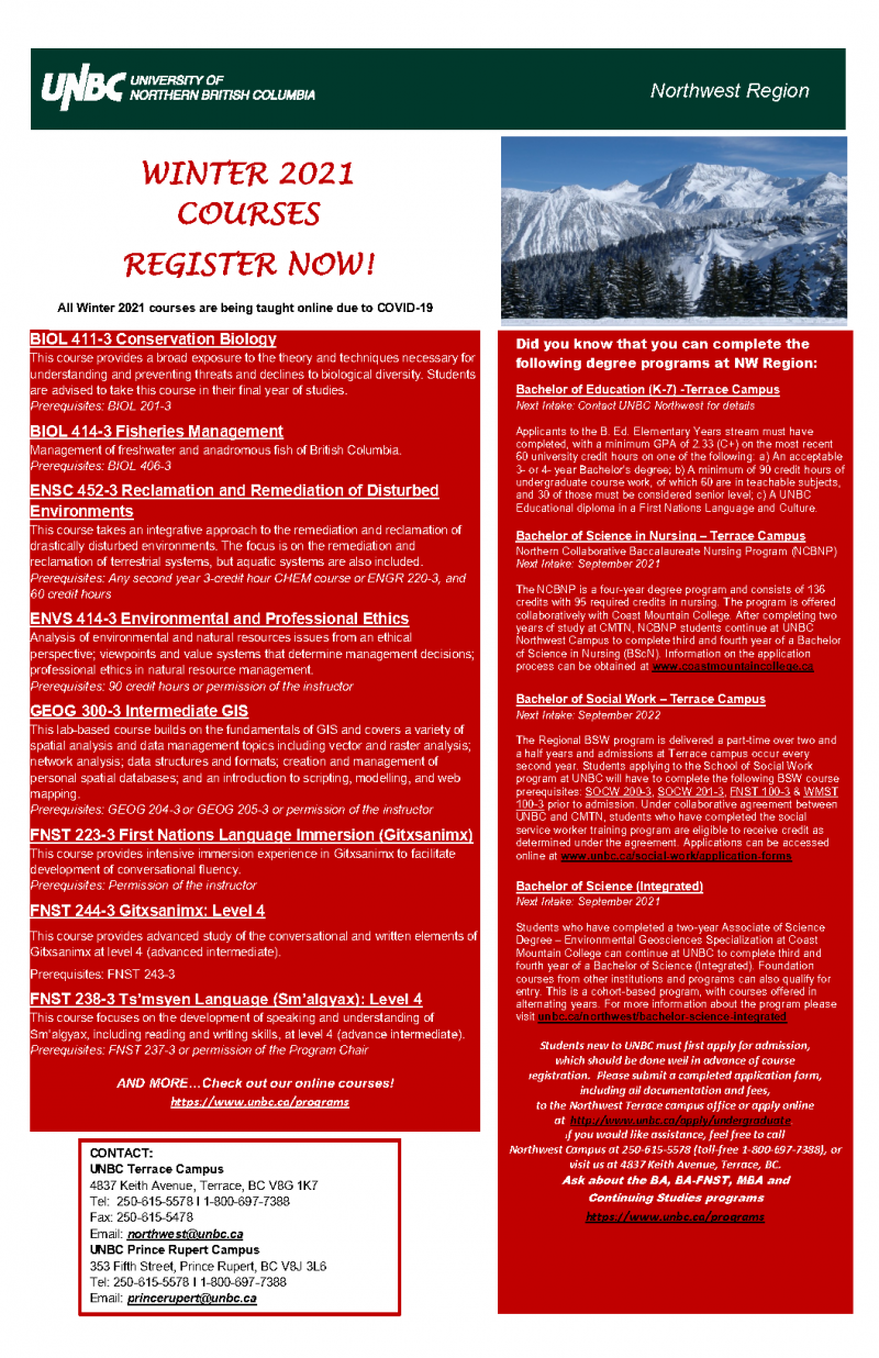 UNBC Northwest - Winter 2021 - Course Electives