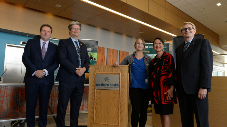Edward Stanford, Northern Health Board member; Dr. Dan Ryan, UNBC VP Academic and Provost; Katie Phillipoff, Northern Lights College nursing student; Melanie Mark, Minister of Advanced Education, Skills and Training; and Bryn Kulmatycki, Northern Lights President