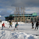 Students maintain an ice rink outside of the NUSC every winter for casual hockey games.