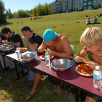 Students compete in a hot wing contest during orientation events.