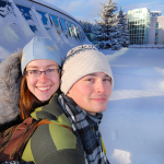 Students Kasia Caputa and Chris Fetterly enjoy the snowy day.