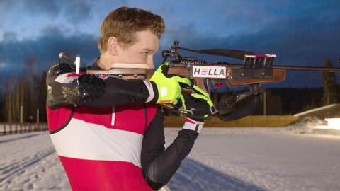 Liam Connon with his biathlon rifle at the Caledonia Nordic Ski Club