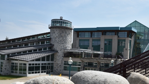 UNBC Prince George campus, view of cafeteria building from the rock stairs