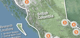 Map of BC indicating research locations and terrain